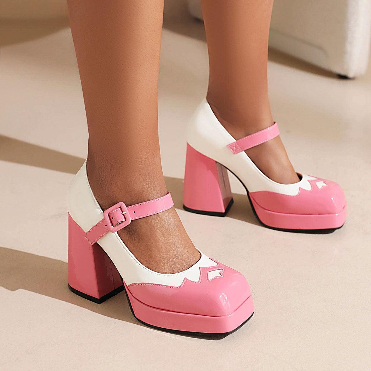 Color Block Buckle Strap Chunky High Heels Chic Pumps