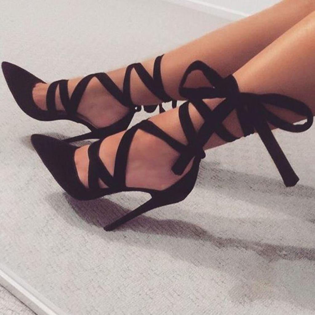 Black Strappy Heels Pointy Toe Vegan Suede Pumps Stiletto Heels