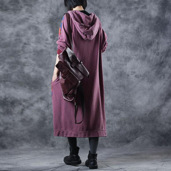 Vintage Loose Hoodie Print Long Fleece Dresses