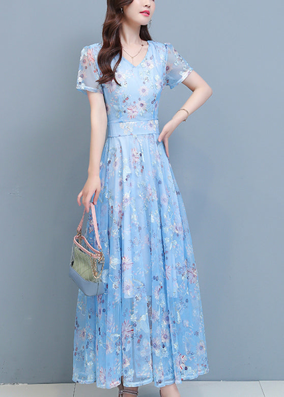 DIY Light Blue Print Chiffon Long Beach Dresses Summer