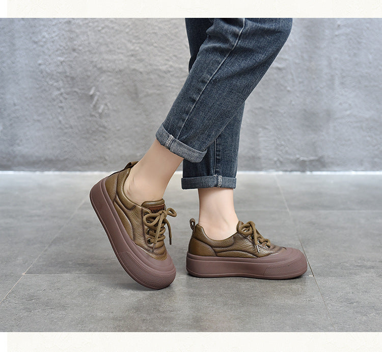 Casual Lace Up Leather Mid-heel Shoes