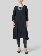 Womens Cotton Linen A-Line Round Neck Dress