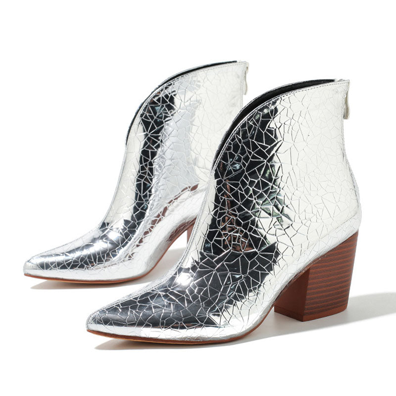 Metallic Sheen V Cut Pointed Toe Silver Chunky Heels Ankle Boots