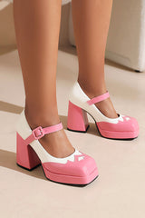 Color Block Buckle Strap Chunky High Heels Chic Pumps