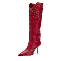 Red Studs Stiletto Boots Pointed Toe Knee High Boots