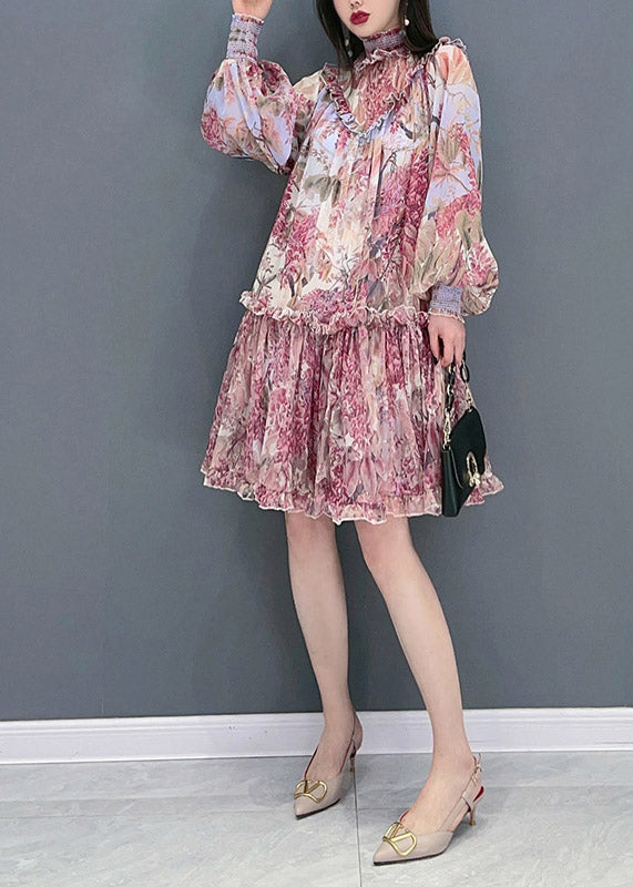 Fashion Red Stand Collar Ruffled Print Chiffon Dress Long Sleeve