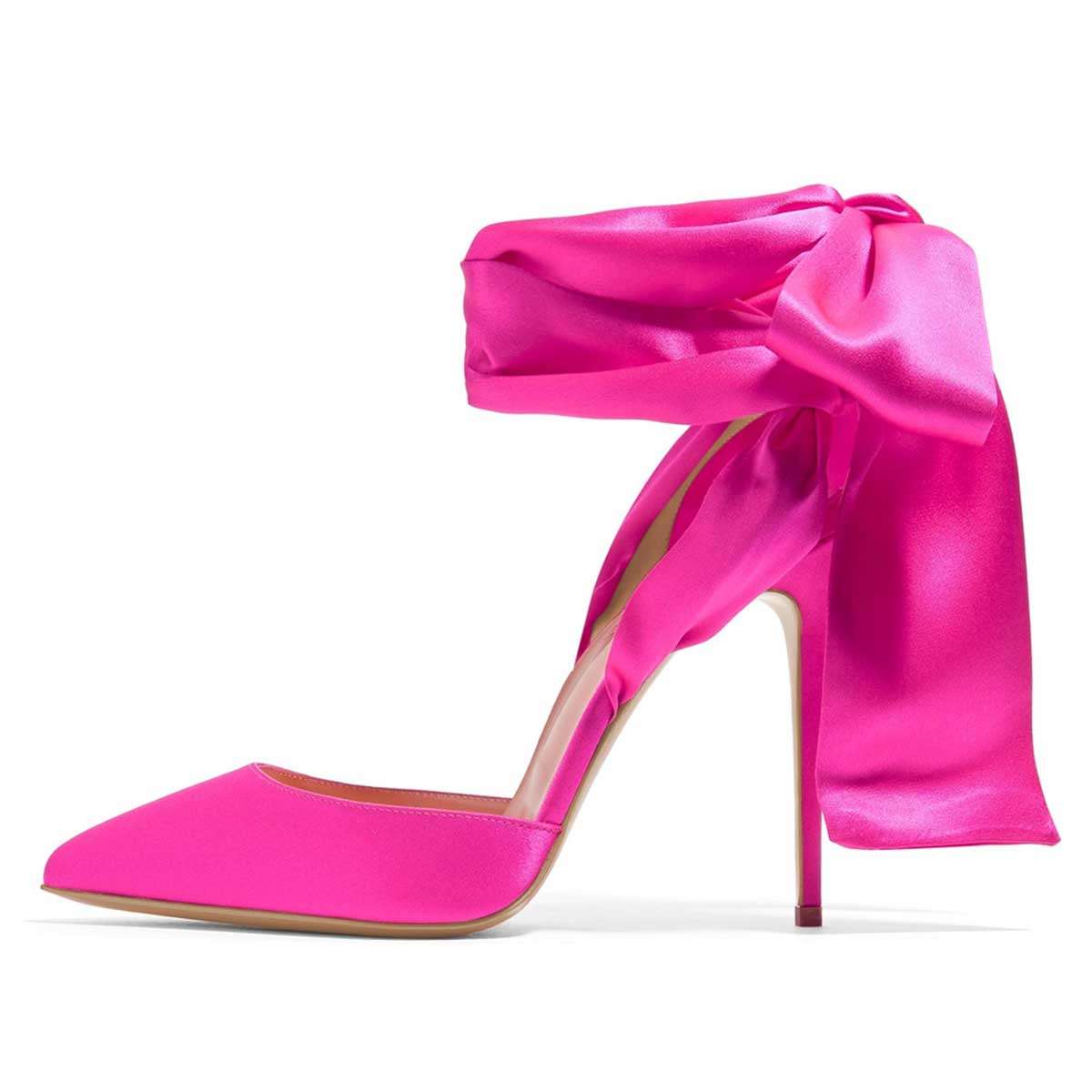 Fuchsia Satin Ankle Strap Tie Stiletto Heels Pumps