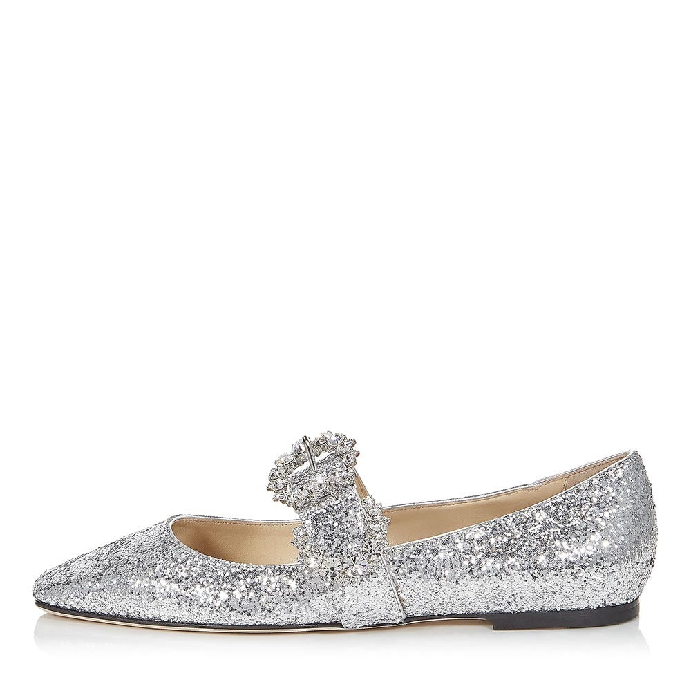 Silver Glitter Buckle Comfortable Flats