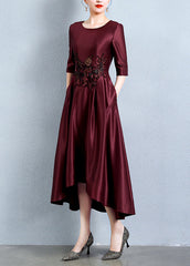 Italian Wine Red Embroideried Pockets Patchwork Silk Dress Half Sleeve