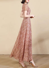 Beautiful Pink Print High Waist Chiffon Maxi Dresses Summer