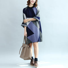 2021 geometric patchwork cotton knit dresses plus size casual bracelet sleeved sweater dress