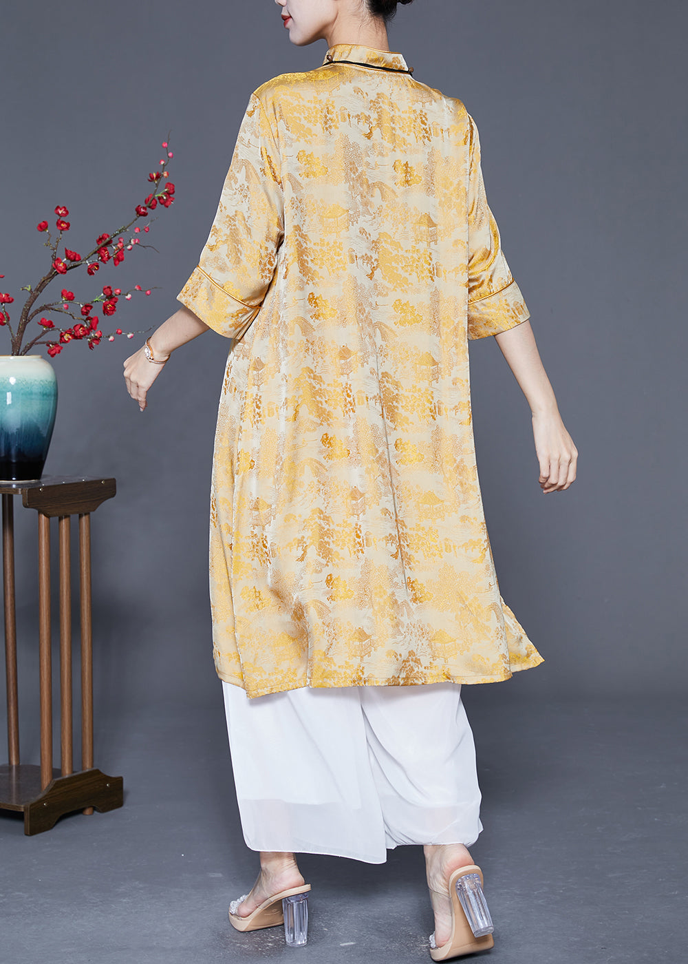 Chinese Style Yellow Jacquard Side Open Silk Dresses Summer