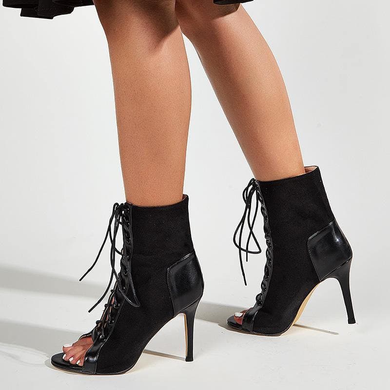 Lace-Up Stiletto Heels Black Boots