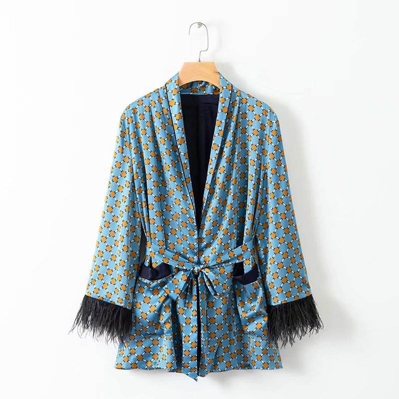 Blue Printed Kimono suit With Feather Sleeves