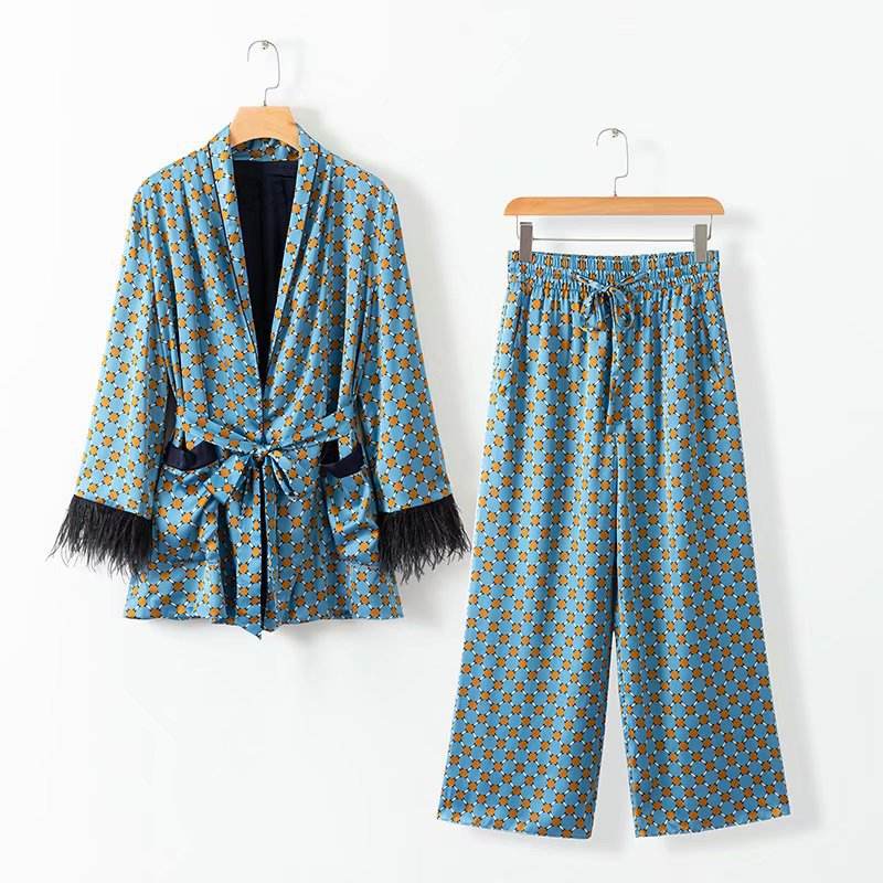 Blue Printed Kimono suit With Feather Sleeves