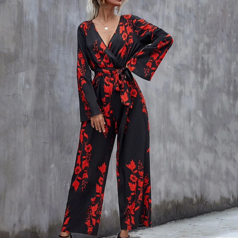 Floral Print Belted Wide Leg Jumpsuit