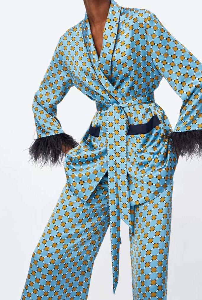 Blue Printed Kimono suit With Feather Sleeves