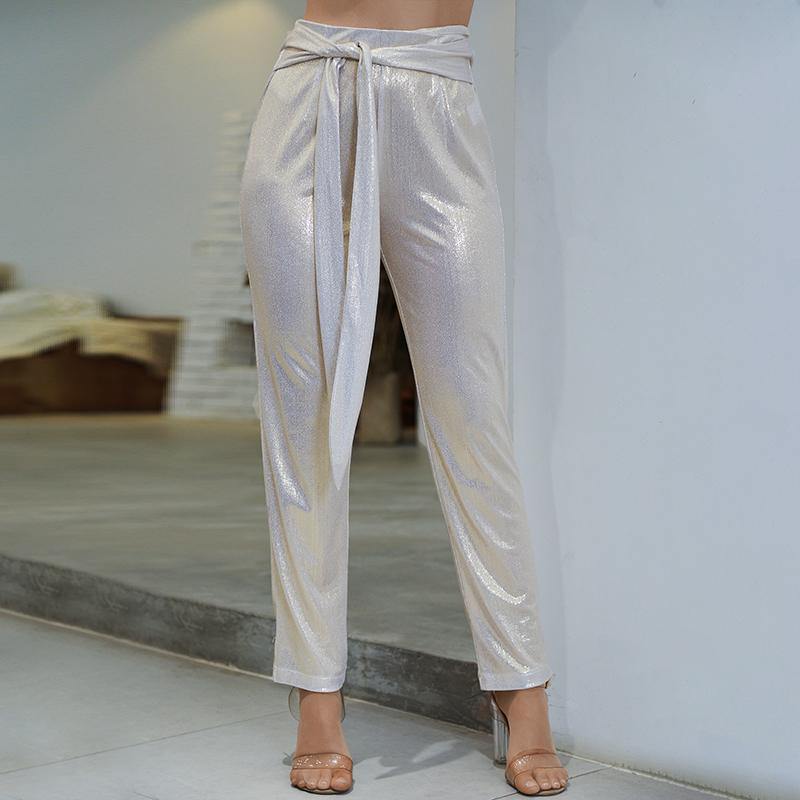 High Waist Metallic Belt Pants