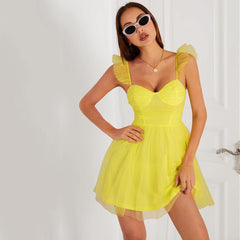 Yellow Chiffon Ruffle Hem Skater Dress