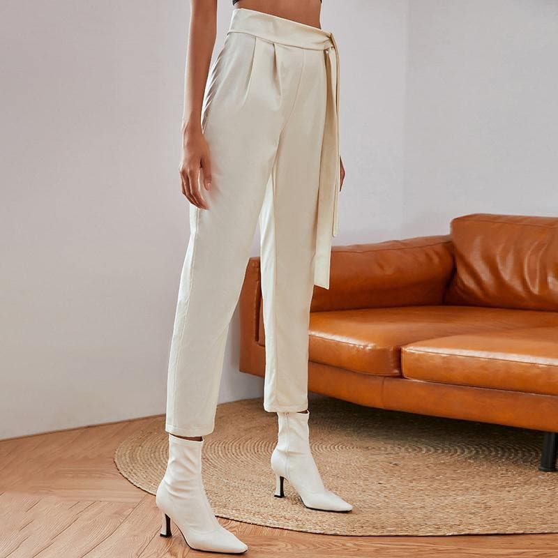 Knotted Belt White Women Pants