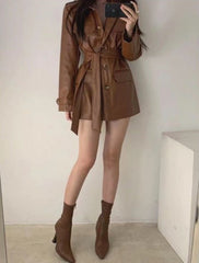 Retro lace-up mid-length PU leather jacket