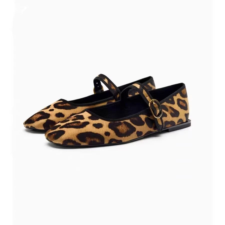 Leopard Pattern Hollow Out T-Strap Pointy Toe Flats