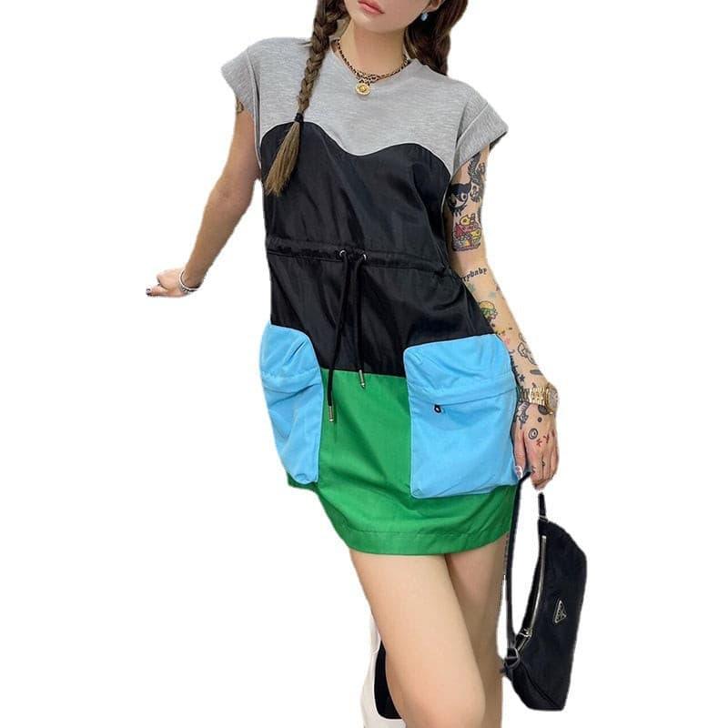 Sleeves loose drawstring short color matching dress