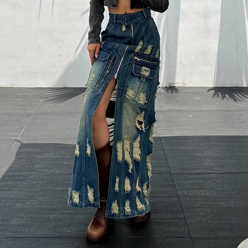 Frayed slim Denim long skirt