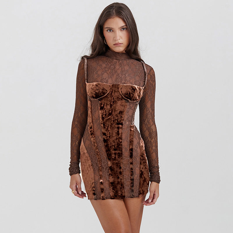 High-neck lace long-sleeved slim dress