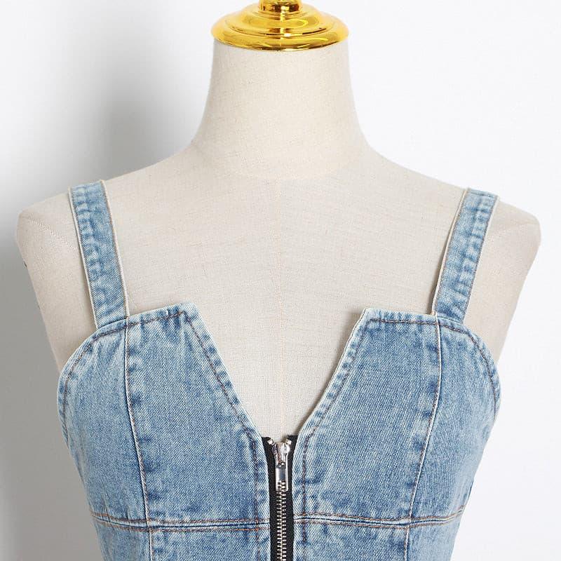 lotus leaf stitching slim blue denim dress