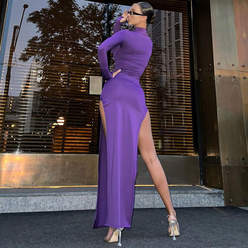 High Neck Long Sleeve Slim Slit Dress