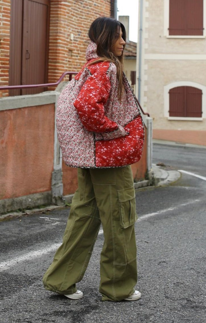 Red Floral Cotton Padded Short Coat