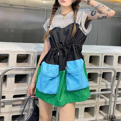 Sleeves loose drawstring short color matching dress