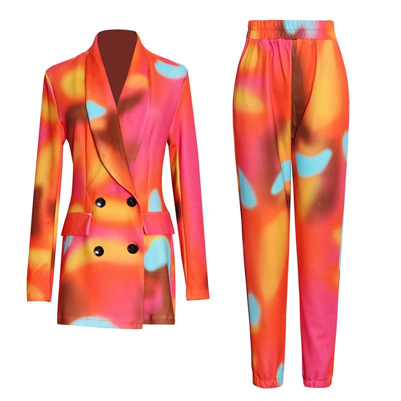 Double-breasted printed suit + elastic pants