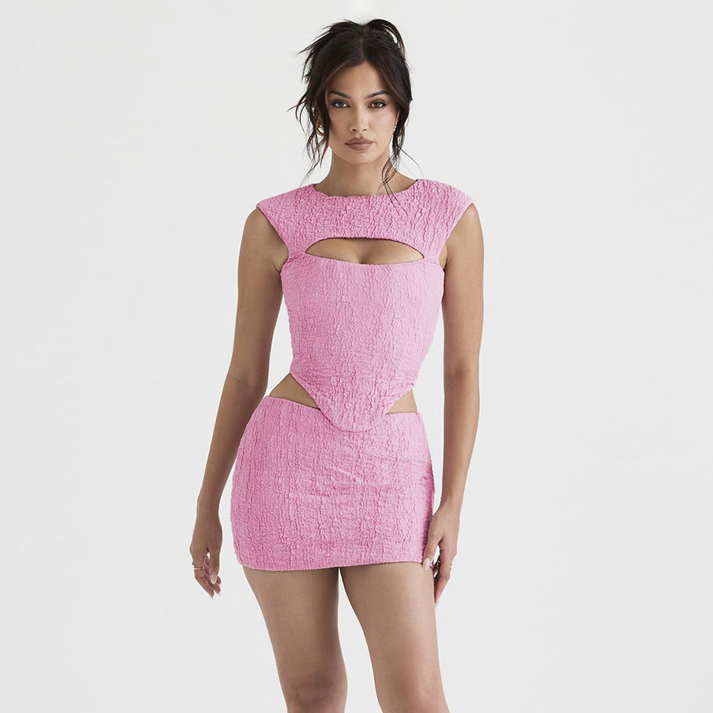 Hollow waistless pink two-piece set