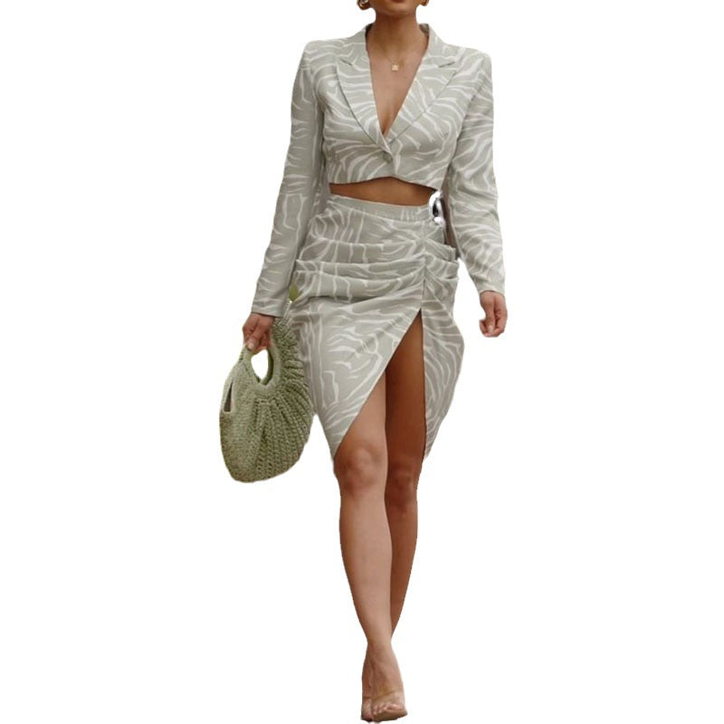 casual printed long-sleeved slit skirt suit