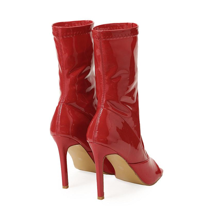 Open toe stiletto leather red  boots heels