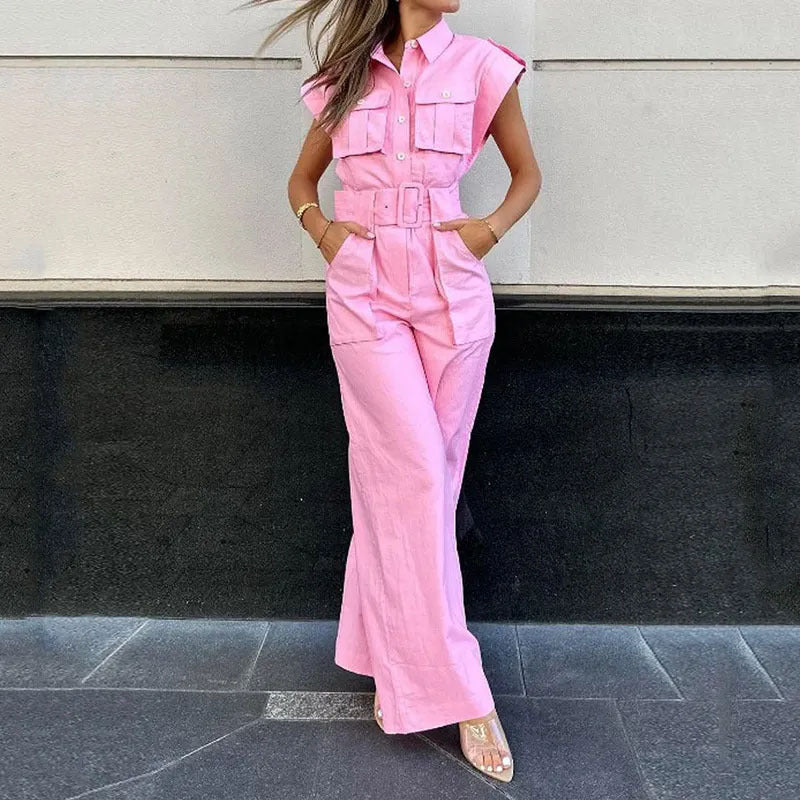 Barbie pink slanted shoulder jumpsuit