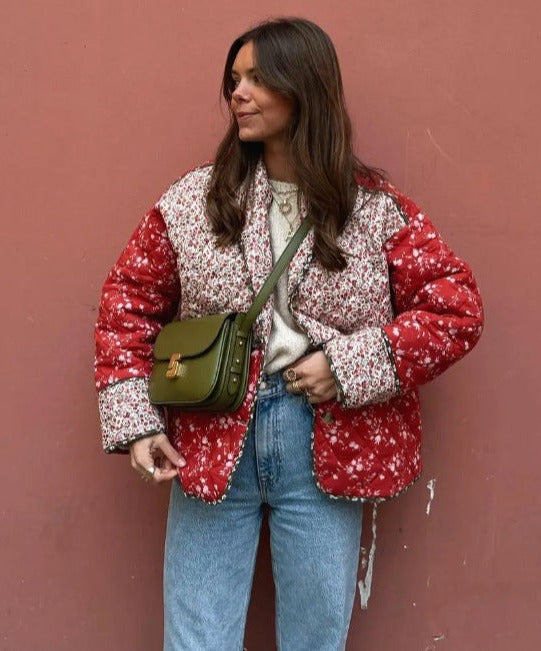 Red Floral Cotton Padded Short Coat