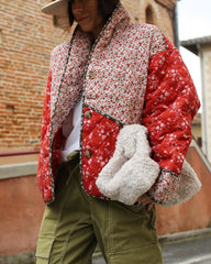 Red Floral Cotton Padded Short Coat