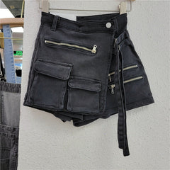 Irregular multi-pocket denim shorts