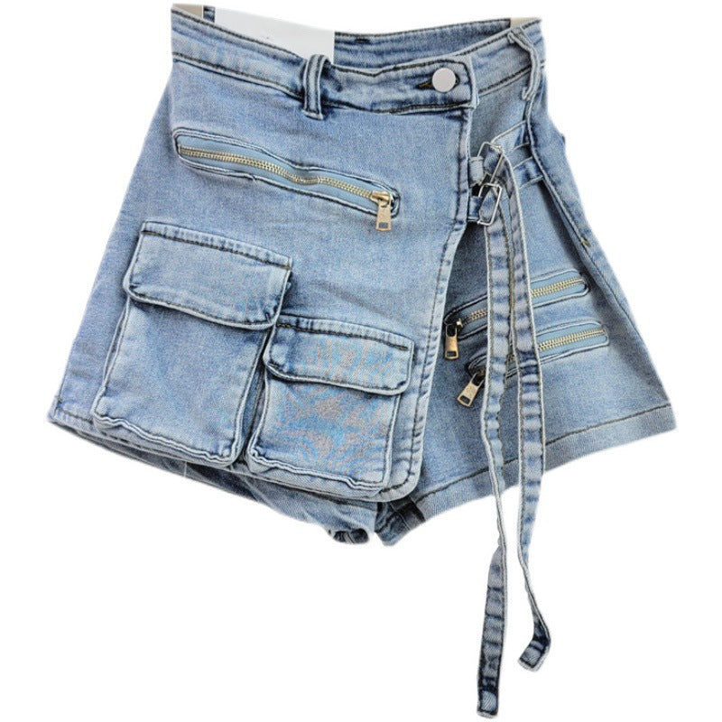 Irregular multi-pocket denim shorts