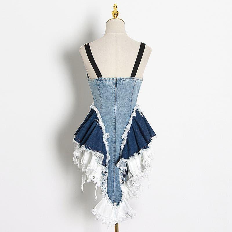 lotus leaf stitching slim blue denim dress