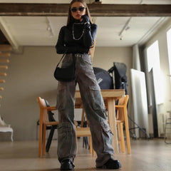 Low-waisted retro denim pocket pants