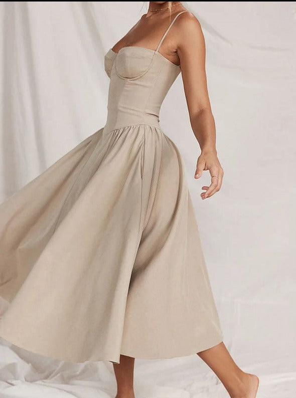 Slim backless pleated mid-length dress