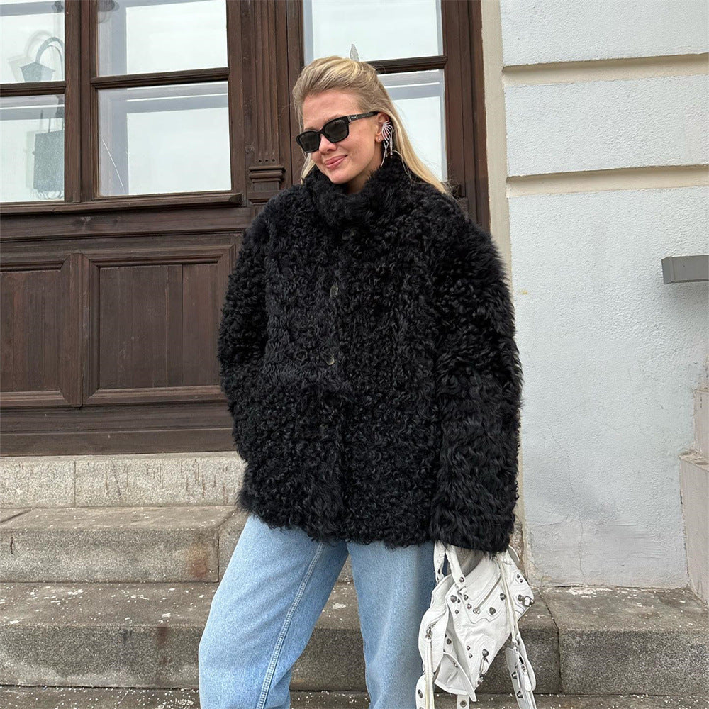 Loose buttoned artificial fur coat