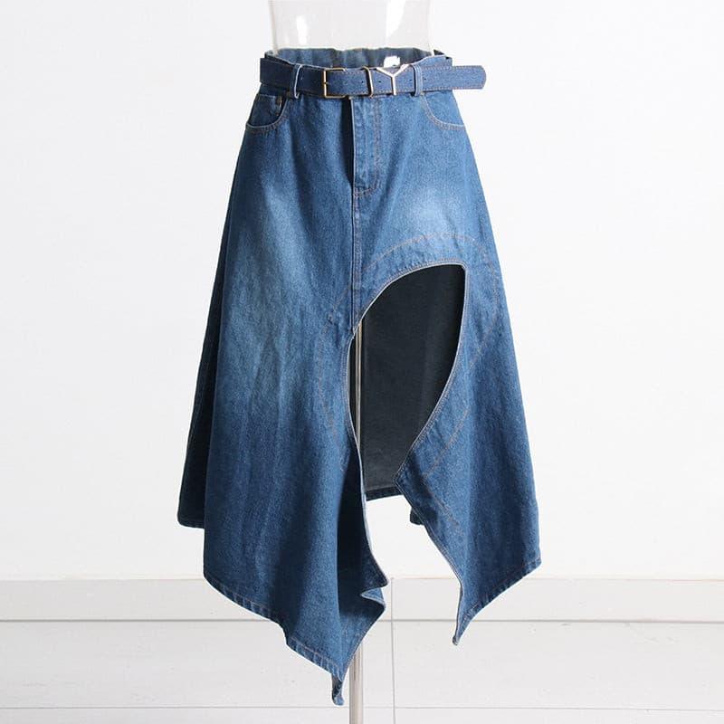 High waist stitching irregular denim skirt