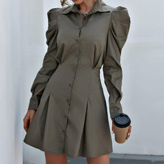 collar fold waist puff sleeve shirt dress