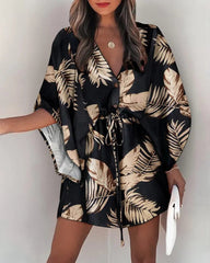 Flying sleeves printed beach dress