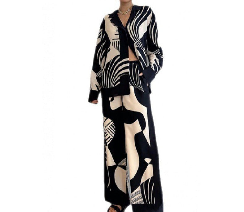 casual printed loose wide-leg pants suit